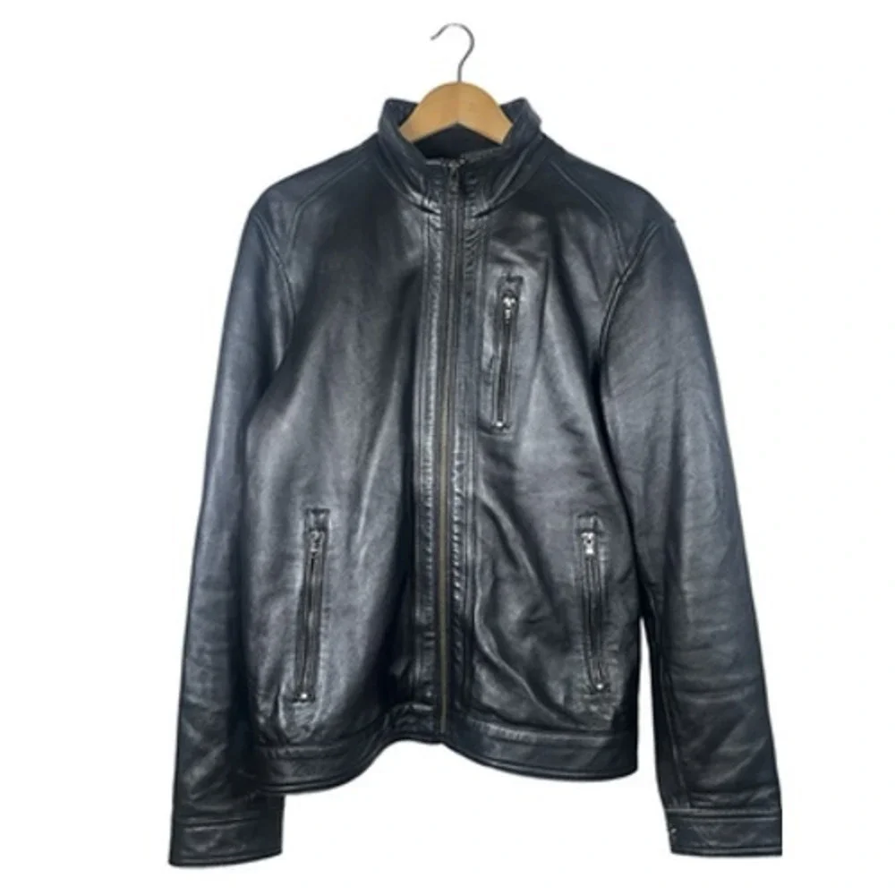 Michael Kors Leather Jacket Mens Medium Black Moto Full Zip Zipper Pockets